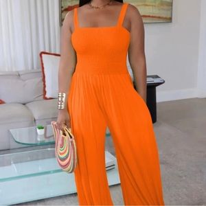 Wide Leg smocked jumpsuit with pocket